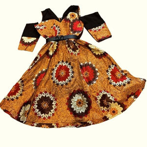 Vintage style Luxury Multicolor Ankara Midi Dress with cold  shoulder details